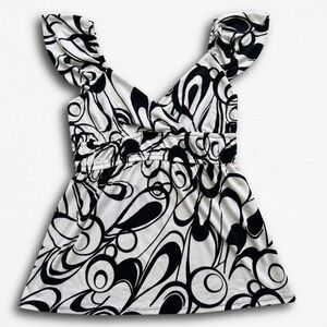 Allen B Y2K Black White Psychedelic Print Empire Waist Babydoll Top Small